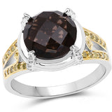 3.28 Carat Genuine Smoky Quartz, Yellow Diamond & White Diamond .925 Sterling Silver Ring