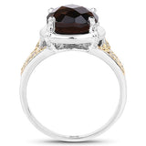 3.28 Carat Genuine Smoky Quartz, Yellow Diamond & White Diamond .925 Sterling Silver Ring