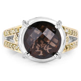 3.28 Carat Genuine Smoky Quartz, Yellow Diamond & White Diamond .925 Sterling Silver Ring