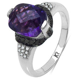 3.71 Carat Genuine Amethyst, Black Diamond & White Diamond .925 Sterling Silver Ring
