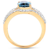 14K Yellow Gold Plated 2.30 Carat Genuine London Blue Topaz and White Topaz .925 Sterling Silver Ring