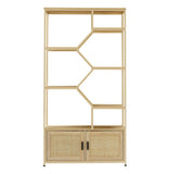 Rattan bookshelf 5 tiers Bookcases Storage Rack with cabinet for Living Room Home Office
