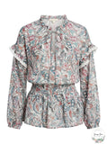Aqua Printed Lace Trim Top