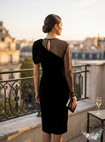 Sachin & Babi Noir Bali One-Shoulder Velvet Dress w/ Brooch, Size 8