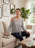 Single Thread Womens Grommet Cold Shoulder Pullover Top Gray, Small