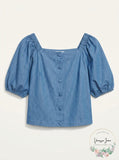 Lucy Paris Womens Denim Off-the-Shoulder Button-Down Top, Blue, Size Small