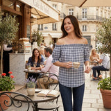 MICHAEL Michael Kors Chambray Womens Plaid Off the Shoulder Blouse, Size Medium