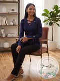JM Collection Women's Grommet Trim V Neck Top Blue Size Small