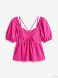 Aqua Cutout Puff Sleeve Top, Hot pink,Size Small