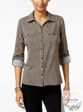 NY Collection Womens Petites Striped Utility Button-Down Top, Size PL