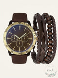 INC Brown Faux-Leather Strap Watch 48mm & 3-Pc. Bracelet Set