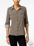 NY Collection Womens Petites Striped Utility Button-Down Top, Size PL