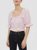 VERO MODA Gingham Crop Top in Snow White Checks Parfait Pink, Size XL