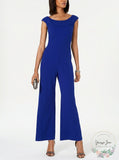 Connected Apparel Womens Blue Short Sleeve Off Shoulder Jumpsuit, Size 12