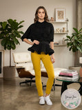 Gracia Stretch Ruffled Sheer Elbow Sleeve Crew Neck Peplum Top, Size Medium