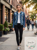 Almost Famous Juniors Varsity-Stripe Ripped Denim Jacket,XL
