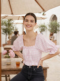 VERO MODA Gingham Crop Top in Snow White Checks Parfait Pink, Size XL
