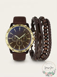 INC Brown Faux-Leather Strap Watch 48mm & 3-Pc. Bracelet Set