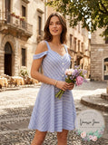 City Studios Juniors Cold-Shoulder Fit & Flare Dress, Blue/White, Size 11
