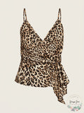 Aqua Sleeveless Leopard-Print Wrap Top, Size Small