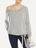 Single Thread Womens Grommet Cold Shoulder Pullover Top Gray, Small
