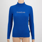 Bebe Rhinestone Mock Neck Ribbed Knit Sweater, Blue Size Large