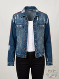 Almost Famous Juniors Varsity-Stripe Ripped Denim Jacket,XL