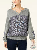 Style and Co. Womens Floral Print Smocked Henley Top,Size Medium