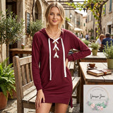 Active USA Womens Top Lace Up Sweatshirt Dress, Burgundy, Size Small
