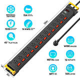 12-Outlet Heavy Duty Power Strip with Individual Switches – 1020J Surge Protector, 9FT Cord, Wall Mountable
