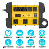 Wide Spaced 8-Outlet Heavy Duty Metal Power Strip Surge Protector, 1350 Joules Protection, Dual USB Ports