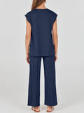 Round Neck Cap Sleeve Top and Pants Knit Set