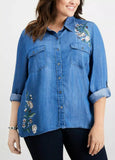Style and Co Womens Embroidered Floral Print Button-Down Denim Top, Size OX