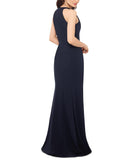 Xscape Slitted Zippered Sleeveless V Neck Full-Length Sheath Evening Dress