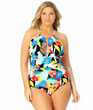 Anne Cole Signature Womens Plus Size Modern Blooms High-Neck One-Piece, 22W