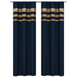 Set of 2: Velvet Metallic Stripe Border Blackout Window Curtain Pair Panel
