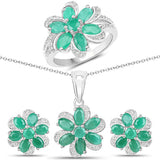 7.84 Carat Genuine Emerald and White Topaz .925 Sterling Silver 3 Piece Jewelry Set (Ring, Earrings, and Pendant w/ Chain)