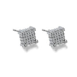 Silver Micro Pave Stud Earrings Clear Square 3D Sidestones