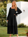 Simplee Women's Boho Flowy Long Sleeve Maxi Dress Square Neck Empire Waist Smocked Swing Wedding Guest Dress