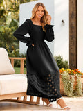 Simplee Women's Boho Flowy Long Sleeve Maxi Dress Square Neck Empire Waist Smocked Swing Wedding Guest Dress