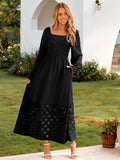 Simplee Women's Boho Flowy Long Sleeve Maxi Dress Square Neck Empire Waist Smocked Swing Wedding Guest Dress