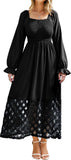 Simplee Women's Boho Flowy Long Sleeve Maxi Dress Square Neck Empire Waist Smocked Swing Wedding Guest Dress
