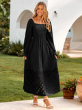 Simplee Women's Boho Flowy Long Sleeve Maxi Dress Square Neck Empire Waist Smocked Swing Wedding Guest Dress