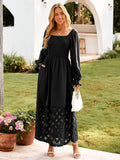 Simplee Women's Boho Flowy Long Sleeve Maxi Dress Square Neck Empire Waist Smocked Swing Wedding Guest Dress