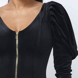 Soft Velvet Pleated Puff Sleeve Mini Dress