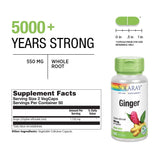 SOLARAY Ginger Root 1100mg | Healthy Digestion, Joints and Motion & Stomach Discomfort Support | Whole Root | Non-GMO & Vegan | 100 VegCaps