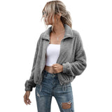 Solid Drawstring Hem Crop Teddy Jacket
