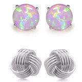 Solid Sterling Silver Love Knot And Pink Opal Earring Set
