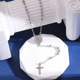 Stainless Steel St. Benedict Pattern Golden Rosary Cross Pendant Necklace