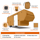 Lanceton Fifth Wheel 5th Wheel RV Trailer Cover, 300D/160g Solution-Dyed Oxford Roof (Waterproof 2000mm, UV 50+), 6-Zipper Access System, Includes 4 Tire Covers, Jack Cover & 4 Gutter Guards